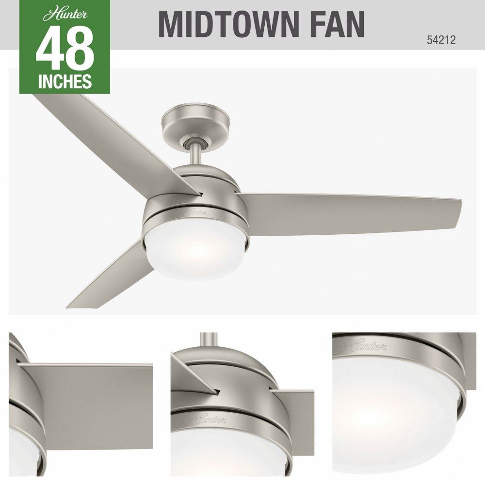 Hunter Fans-54212-Midtown 48 Inch Ceiling Fan with LED Light Kit and Handheld Remote Matte Nickel  Fresh White Finish with Fresh White Blade Finish with Cased White Glass