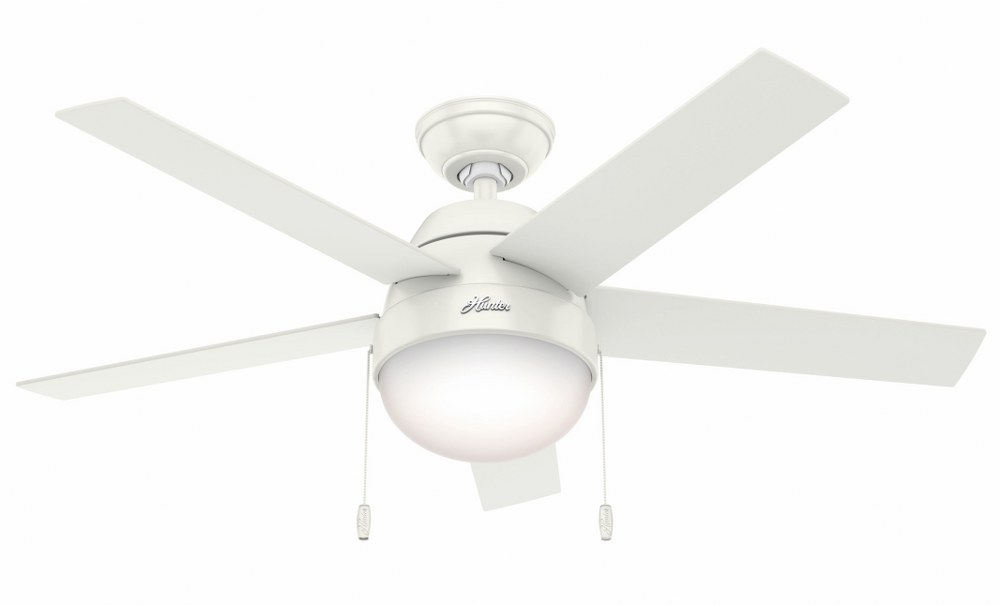 Hunter Fans-59266-Anslee 46 Inch Ceiling Fan with LED Light Kit and Pull Chain Fresh White  Matte Silver Finish with Light Grey Oak Blade Finish with Cased White Glass