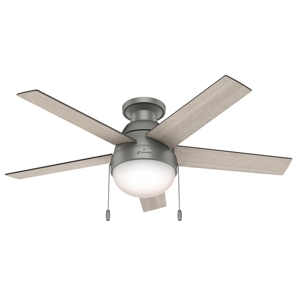 Hunter Fans-59270-Anslee 46 Inch Low Profile Ceiling Fan with LED Light Kit and Pull Chain Matte Silver  Matte Silver Finish with Light Grey Oak Blade Finish with Cased White Glass