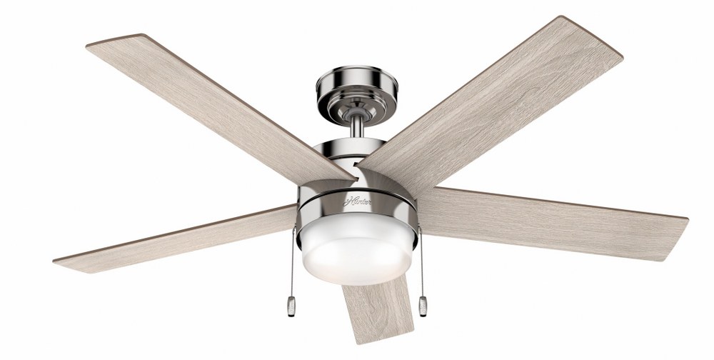 Hunter Fans-59621-Claudette 52 Inch Ceiling Fan with LED Light Kit and Pull Chain Polished Nickel  Polished Nickel Finish with Light Grey Oak/Drifted Oak Blade Finish with White Cased Shiny Glass