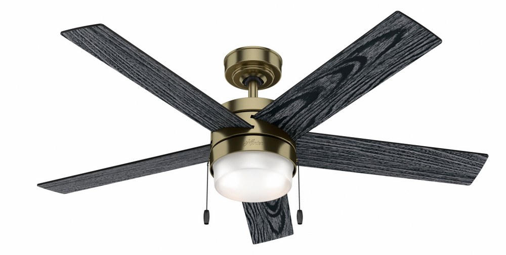 Hunter Fans-59622-Claudette 52 Inch Ceiling Fan with LED Light Kit and Pull Chain Modern Brass  Polished Nickel Finish with Light Grey Oak/Drifted Oak Blade Finish with White Cased Shiny Glass