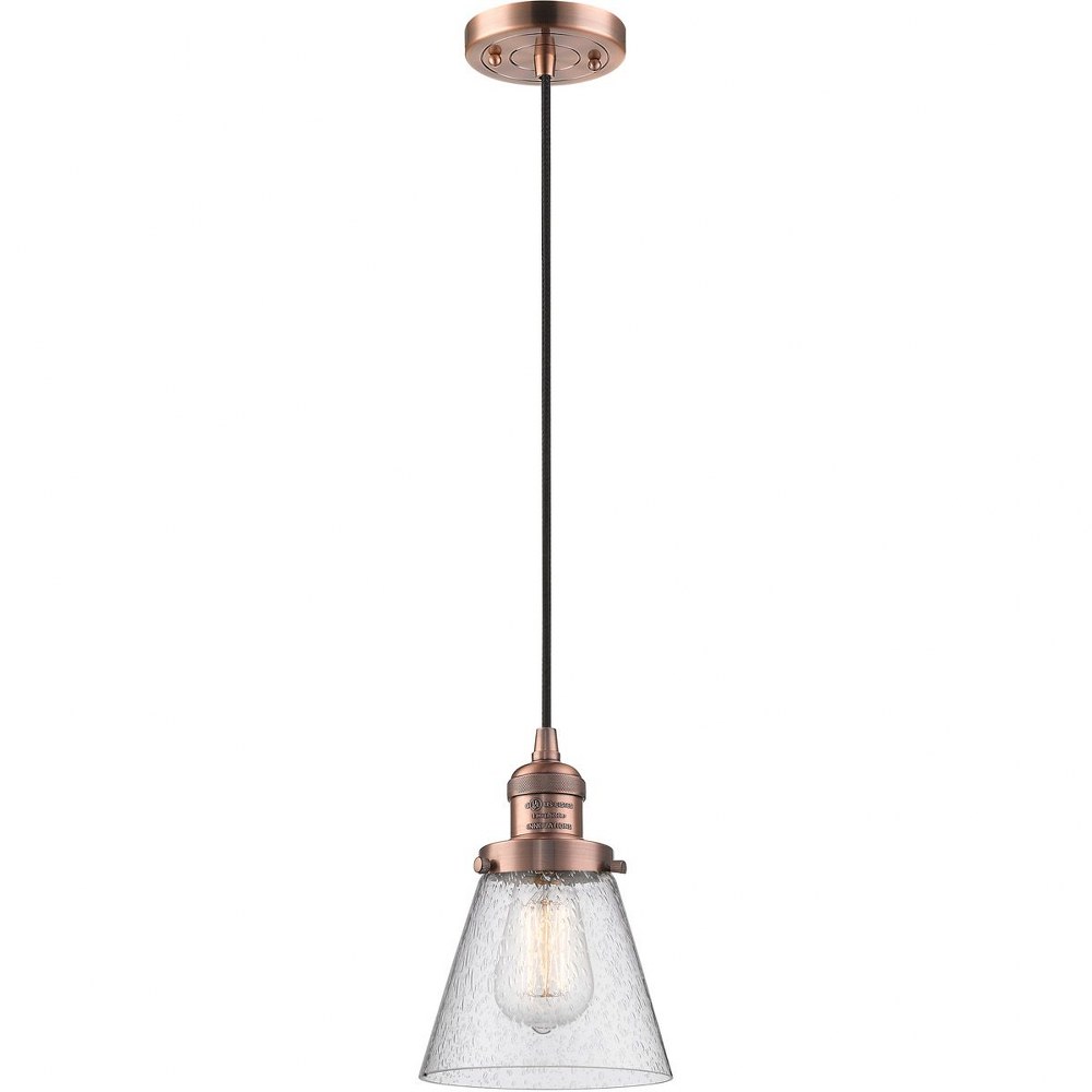 Innovations Lighting-201C-AC-G64-Small Bell-One Light Cord Mini Pendant-8 Inches Wide by 10 Inches High Antique Copper Antique Copper Finish with Seedy Glass