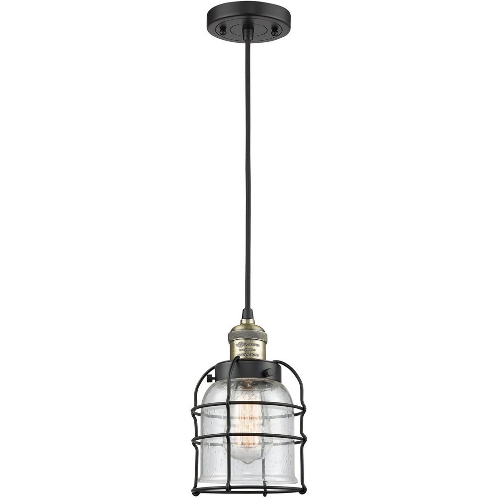 Innovations Lighting-201C-BAB-G54-CE-Small Bell Cage - 9 Inch 1 Light Mini Pendant Black Antique Brass Finish with Seedy Glass