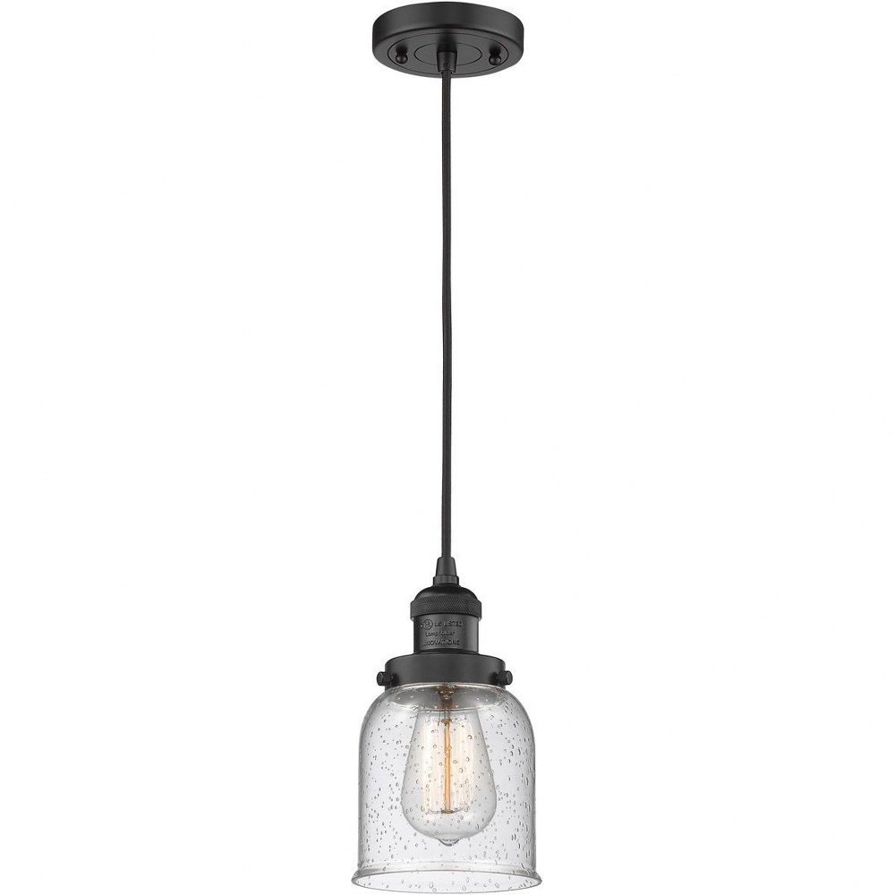 Innovations Lighting-201C-BK-G54-Small Bell-1 Light Mini Pendant in Industrial Style-5 Inches Wide by 10 Inches High Matte Black Finish with Seedy Glass