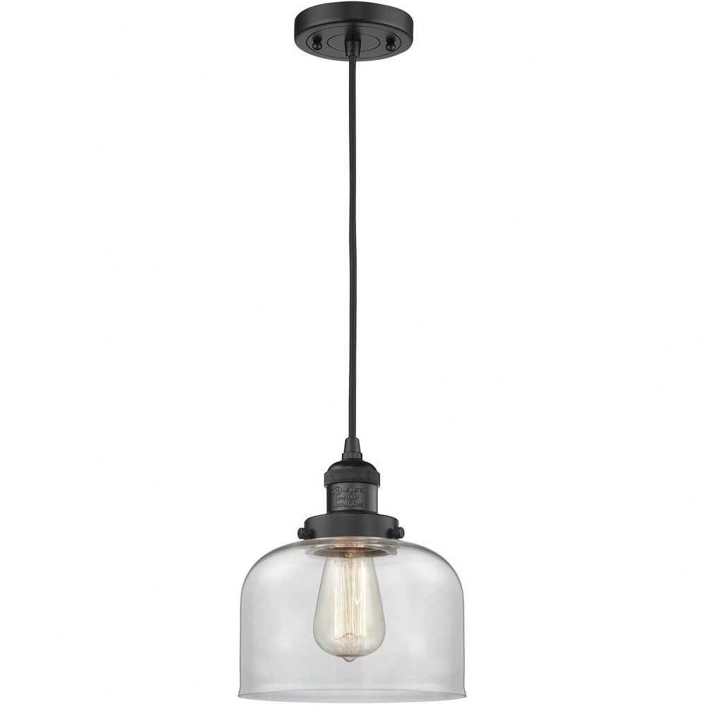 Innovations Lighting-201C-BK-G72-Large Bell-1 Light Mini Pendant in Industrial Style-8 Inches Wide by 10 Inches High Matte Black Finish with Clear Glass