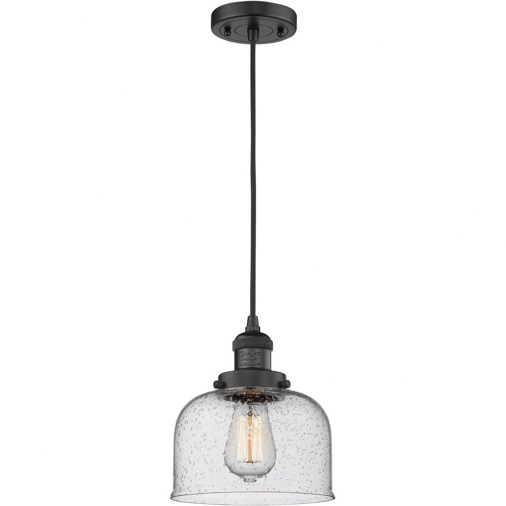 Innovations Lighting-201C-BK-G74-Large Bell-1 Light Mini Pendant in Industrial Style-8 Inches Wide by 10 Inches High Matte Black Finish with Seedy Glass