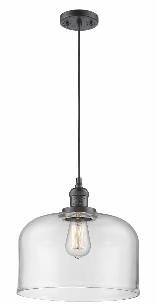 Innovations Lighting-201C-OB-G72-L-X-Large Bell-1 Light Mini Pendant in Industrial Style-12 Inches Wide by 8 Inches High Oil Rubbed Bronze Clear Matte Black Finish with Clear Glass