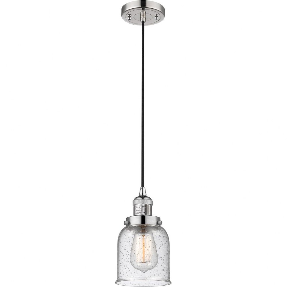 Innovations Lighting-201C-PN-G54-Small Bell-One Light Cord Mini Pendant-8 Inches Wide by 10 Inches High Polished Nickel Antique Copper Finish with Seedy Glass