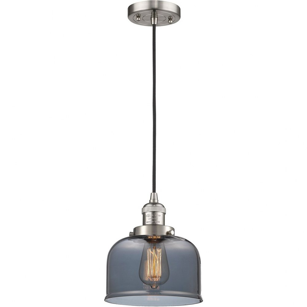 Innovations Lighting-201C-SN-G73-One Light Large Bell Cord Pendant-8 Inches Wide by 10 Inches High   Satin Nickel Finish with Smoked Glass