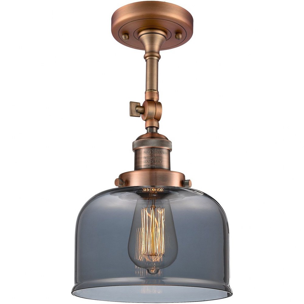Innovations Lighting-201F-AC-G73-Large Bell-1 Light Semi-Flush Mount in Industrial Style-8 Inches Wide by 13.88 Inches High Antique Copper Finish with Smoked Glass