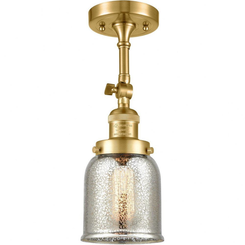 Innovations Lighting-201F-SG-G58-Small Bell-1 Light Semi-Flush Mount in Industrial Style-5 Inches Wide by 16 Inches High Satin Gold Finish with Silver Plated Mercury Glass