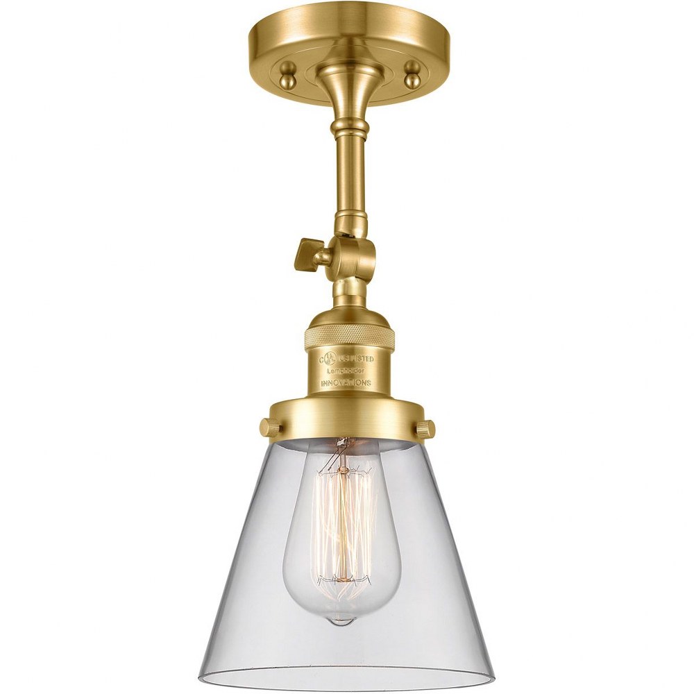 Innovations Lighting-201F-SG-G62-Small Cone-1 Light Semi-Flush Mount in Industrial Style-6.25 Inches Wide by 13.5 Inches High Satin Gold Finish with Clear Glass