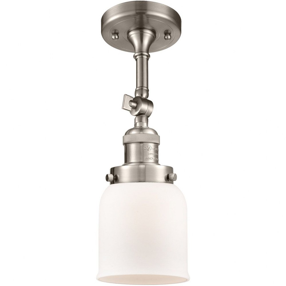 Innovations Lighting-201F-SN-G51-Small Bell-1 Light Semi-Flush Mount in Industrial Style-5 Inches Wide by 16 Inches High   Satin Nickel Finish with Matte White Cased Glass
