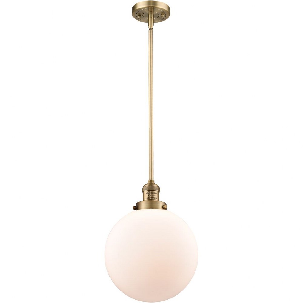 Innovations Lighting-201S-BB-G201-10-X-Large Beacon-1 Light Mini Pendant in Industrial Style-10 Inches Wide by 13 Inches High   Brushed Brass Finish with Matte White Glass