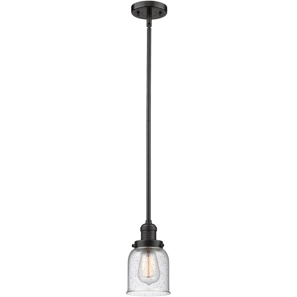 Innovations Lighting-201S-OB-G54-Small Bell-One Light Stem Mini Pendant-6 Inches Wide by 8 Inches High   Oiled Rubbed Bronze Finish with Seedy Glass