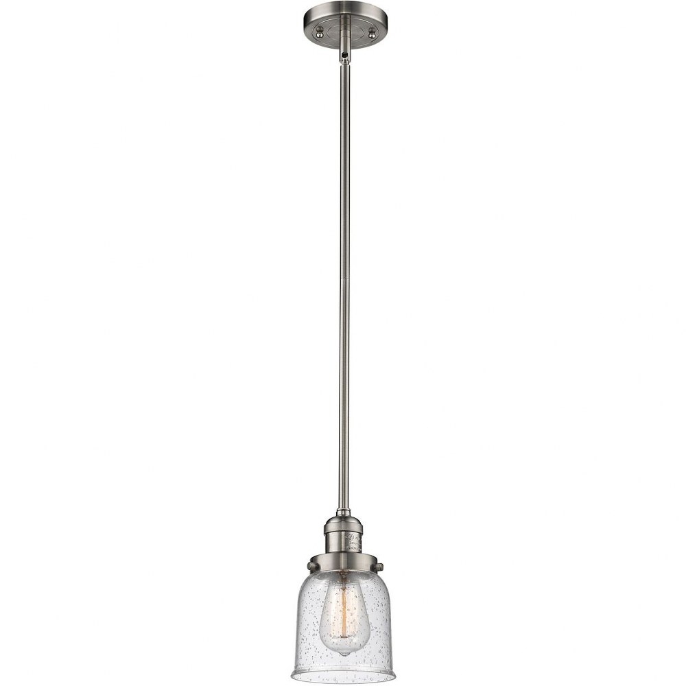Innovations Lighting-201S-SN-G54-Small Bell-One Light Stem Mini Pendant-6 Inches Wide by 8 Inches High   Satin Brushed Nickel Finish with Seedy Glass