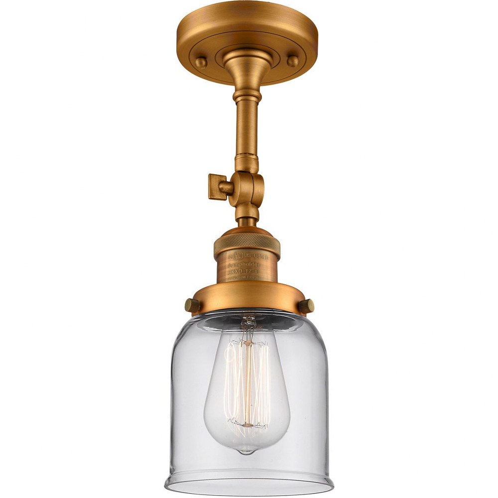 Innovations Lighting-201F-BB-G52-Small Bell-1 Light Semi-Flush Mount in Industrial Style-5 Inches Wide by 16 Inches High   Brushed Brass Finish with Clear Glass