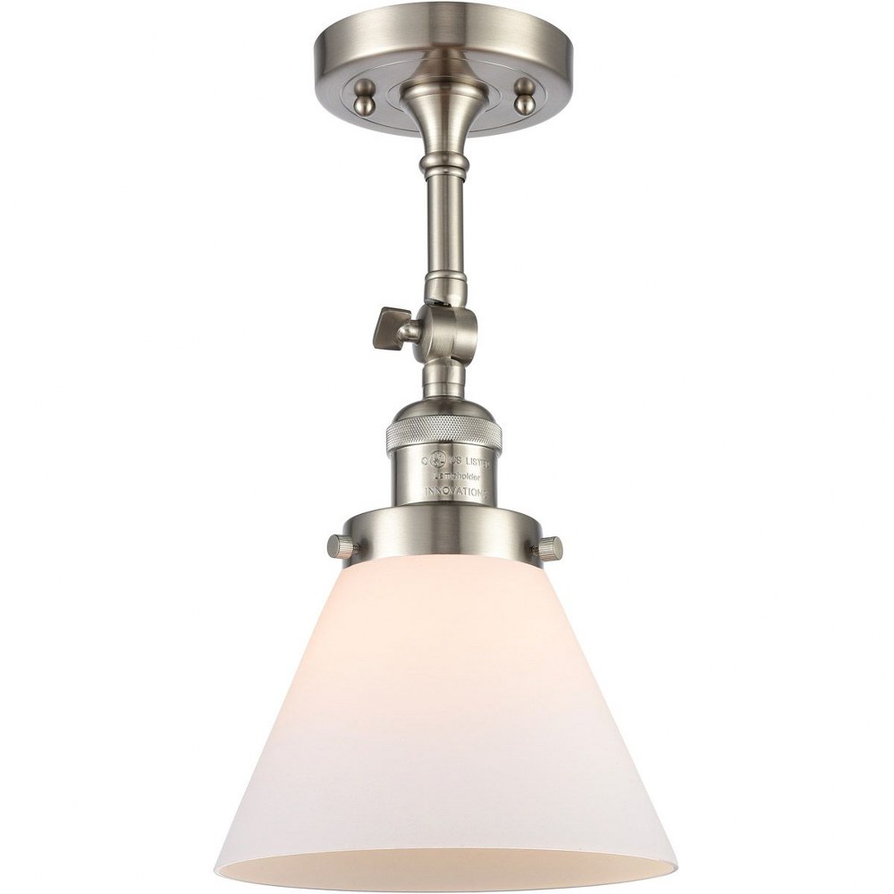 Innovations Lighting-201F-SN-G41-Large Cone-1 Light Semi-Flush Mount in Industrial Style-7.75 Inches Wide by 14.5 Inches High   Satin Nickel Finish with Matte White Cased Glass
