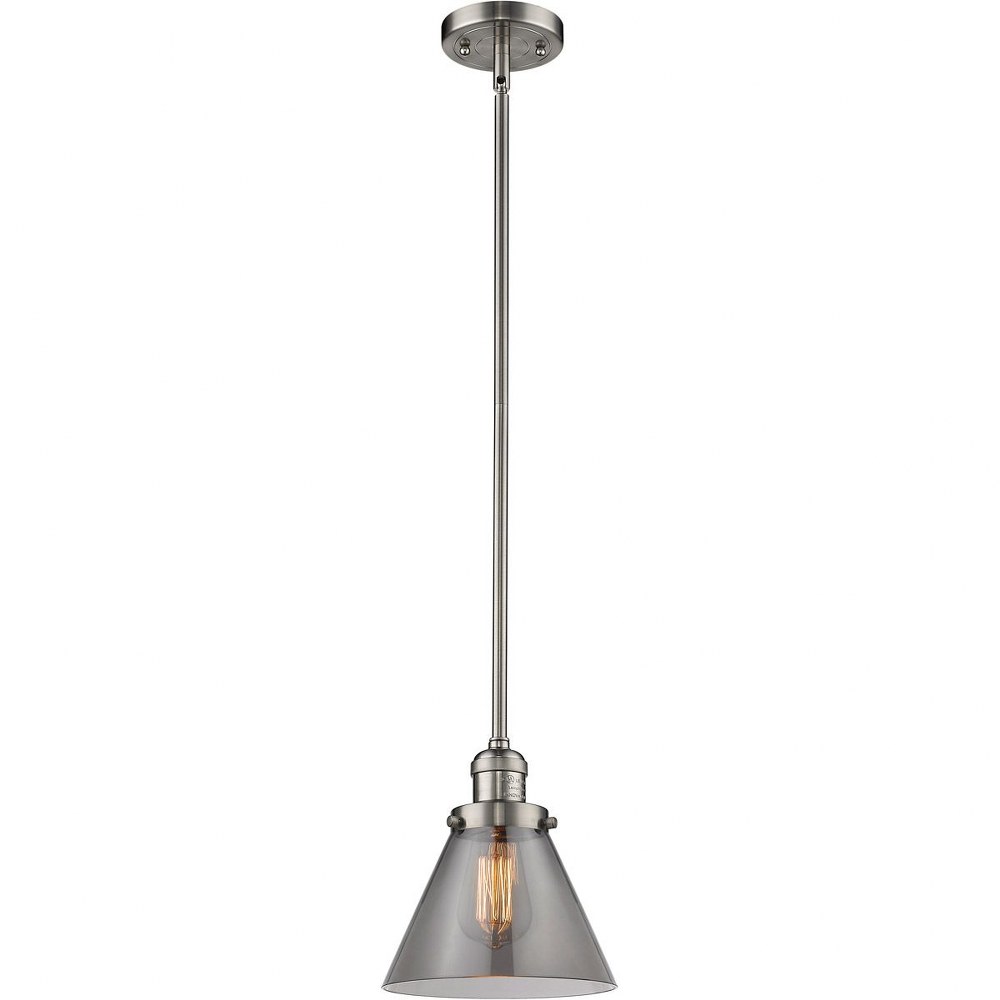 Innovations Lighting-201S-SN-G43-One Light Large Cone Stem Pendant-8 Inches Wide by 10 Inches High   Satin Nickel Finish with Smoked Glass