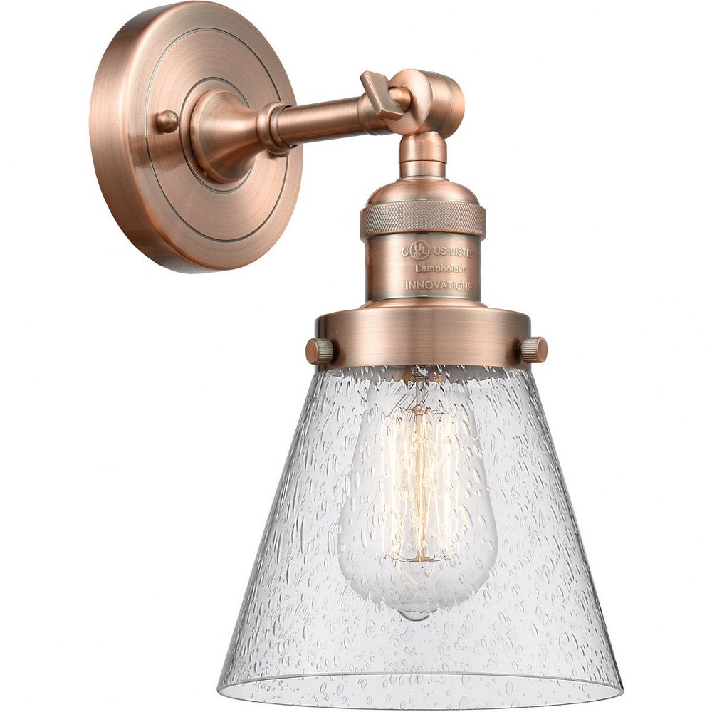 Innovations Lighting-203-AC-G64-Small Bell-One Light Wall Sconce-6.5 Inches Wide by 10 Inches High   Antique Copper Finish with Seedy Glass