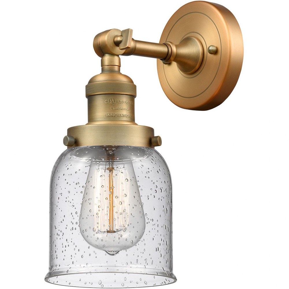 Innovations Lighting-203-BB-G54-Small Bell-One Light Wall Sconce-6.5 Inches Wide by 10 Inches High   Brushed Brass Finish with Seedy Glass