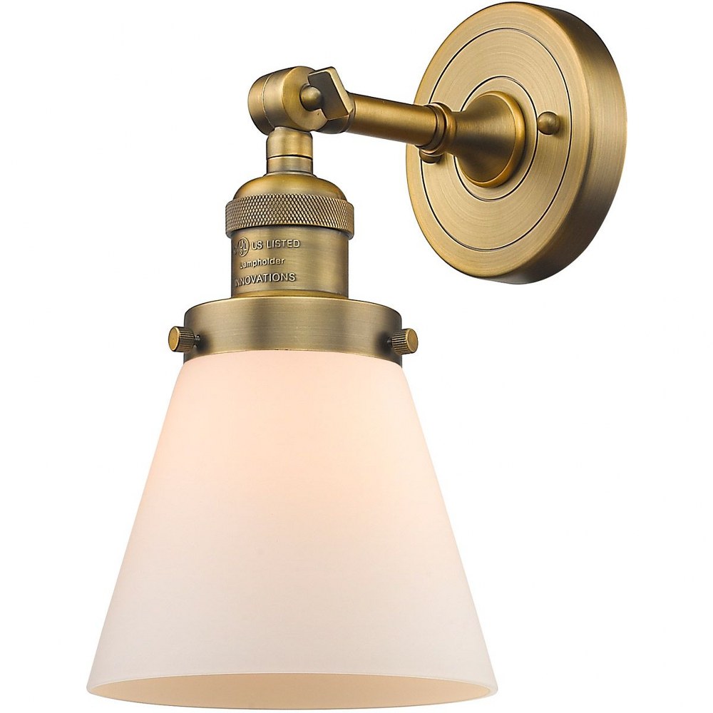 Innovations Lighting-203-BB-G61-Small Cone-1 Light Wall Sconce in Industrial Style-6.25 Inches Wide by 10 Inches High   Brushed Brass Finish with Matte White Cased Glass