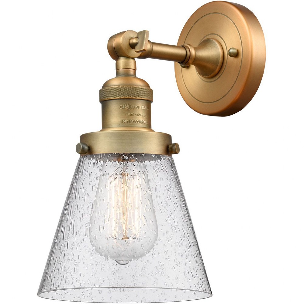 Innovations Lighting-203-BB-G64-Small Bell-One Light Wall Sconce-6.5 Inches Wide by 10 Inches High   Brushed Brass Finish with Seedy Glass