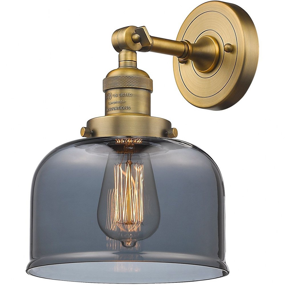 Innovations Lighting-203-BB-G73-Large Bell-1 Light Wall Sconce in Industrial Style-8 Inches Wide by 12 Inches High   Brushed Brass Finish with Smoked Glass