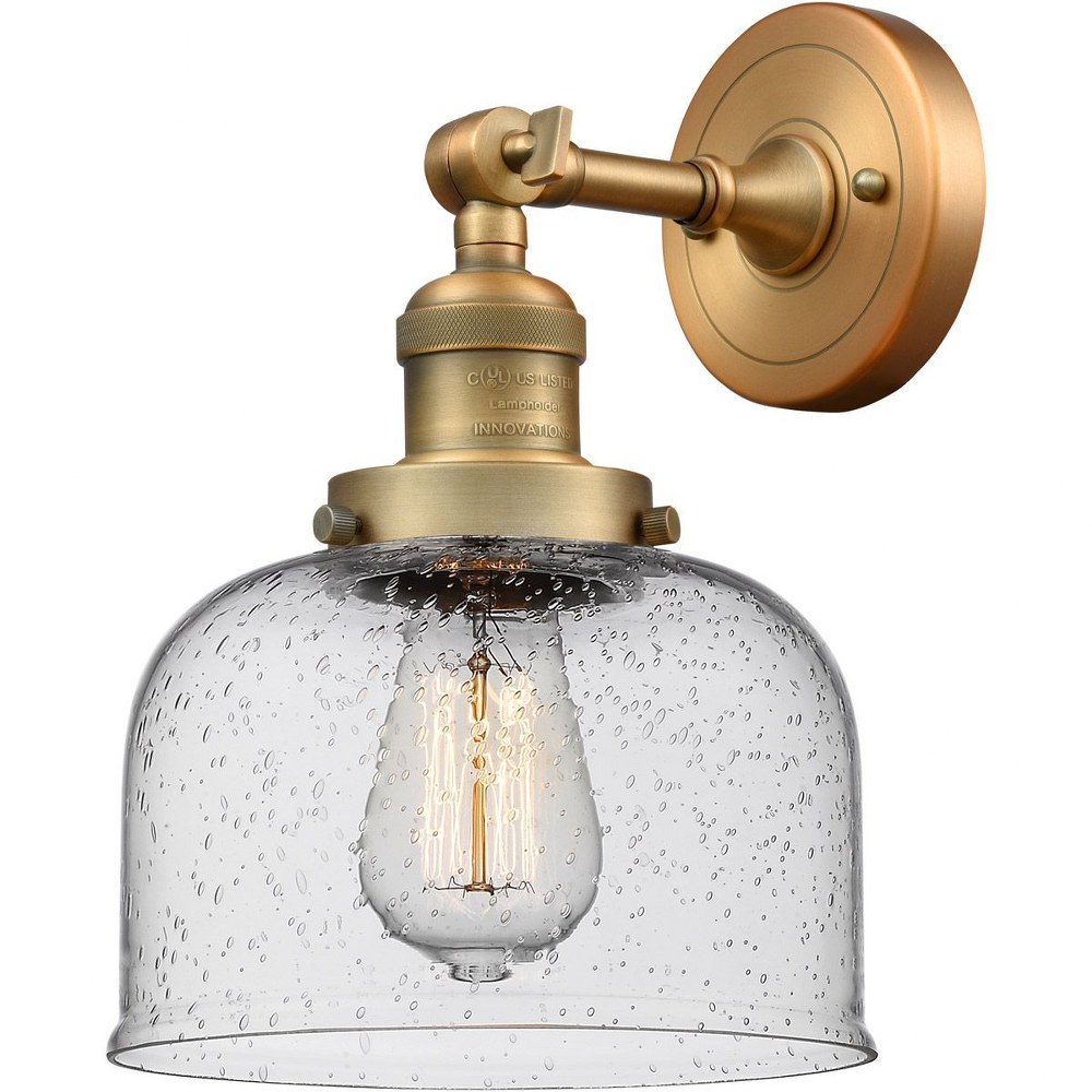 Innovations Lighting-203-BB-G74-Large Cone-One Light Wall Sconce-8 Inches Wide by 10 Inches High   Brushed Brass Finish with Seedy Glass