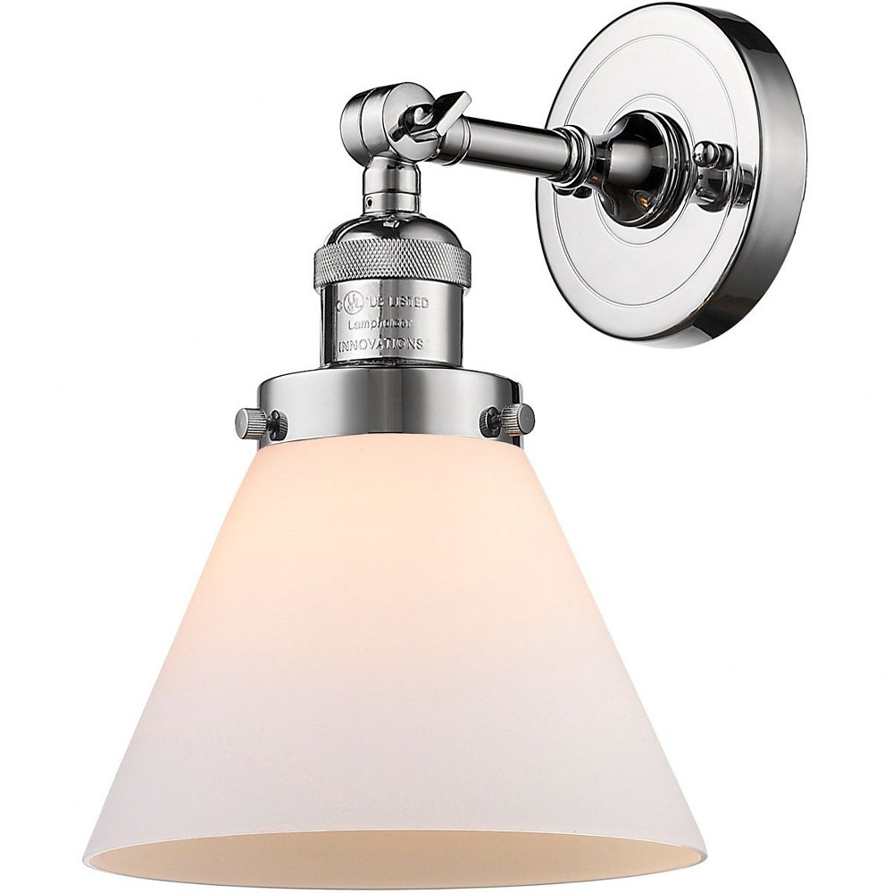 Innovations Lighting-203-PC-G41-Large Cone-1 Light Wall Sconce in Industrial Style-8 Inches Wide by 10 Inches High   Polished Chrome Finish with Matte White Cased  Glass