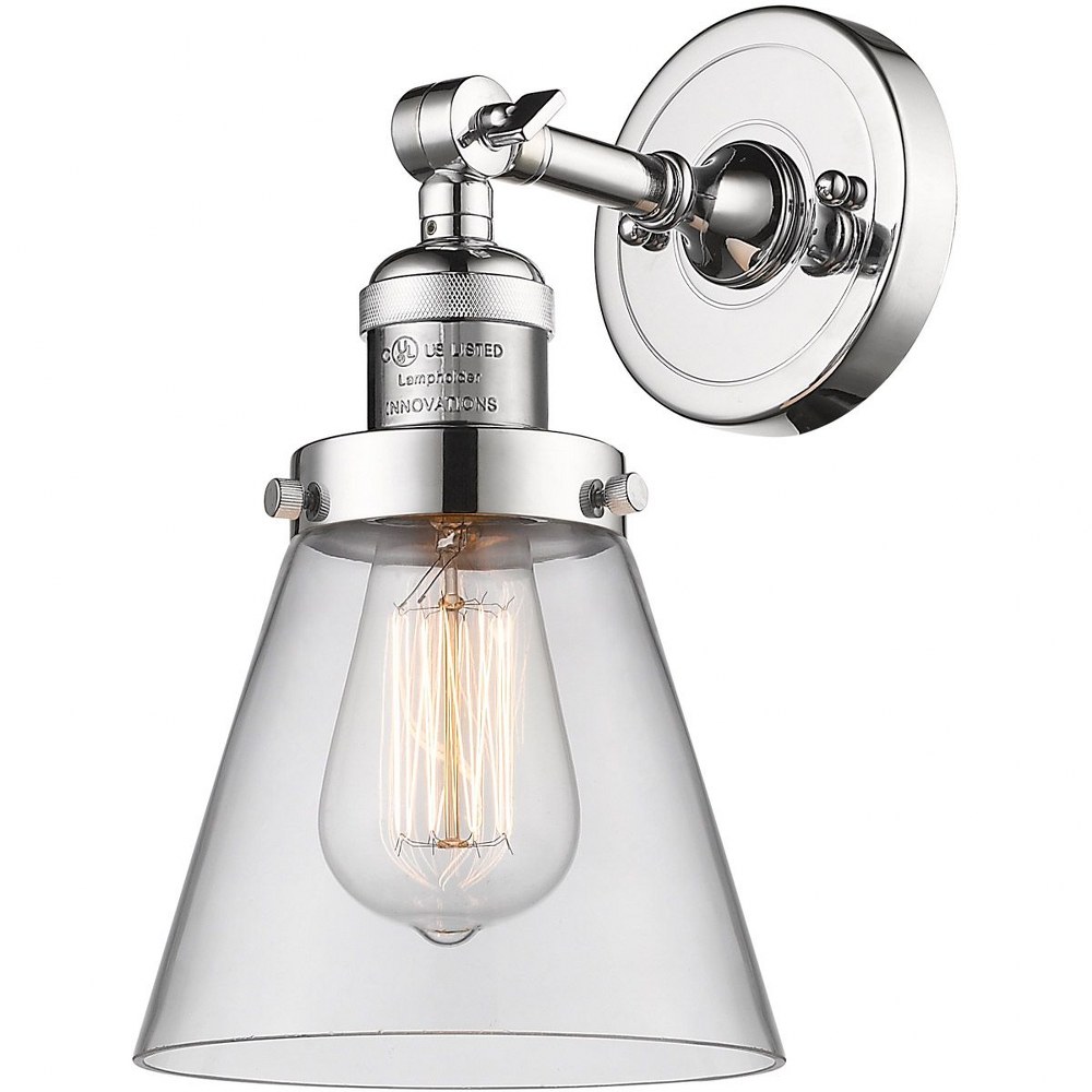 Innovations Lighting-203-PC-G62-Small Cone-1 Light Wall Sconce in Industrial Style-6.25 Inches Wide by 10 Inches High   Polished Chrome Finish with Clear  Glass