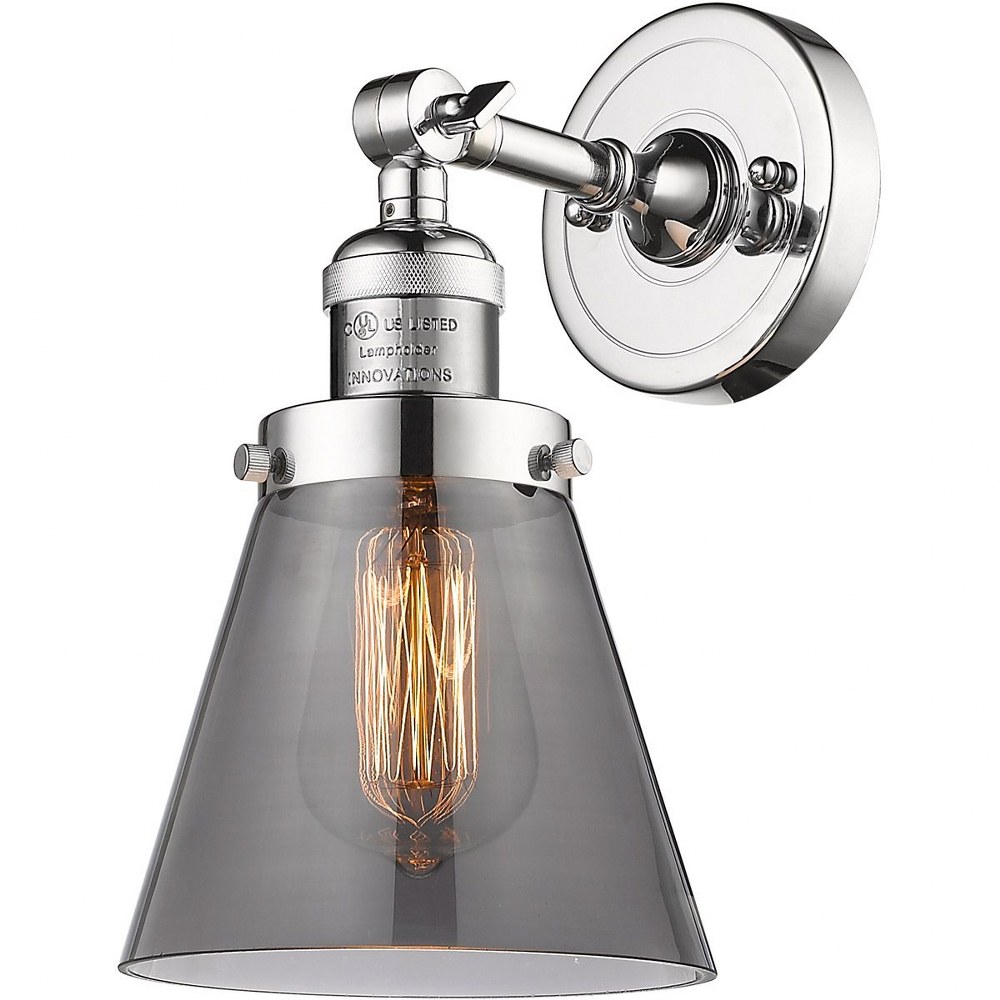 Innovations Lighting-203-PC-G63-Small Cone-1 Light Wall Sconce in Industrial Style-6.25 Inches Wide by 10 Inches High   Polished Chrome Finish with Smoked  Glass