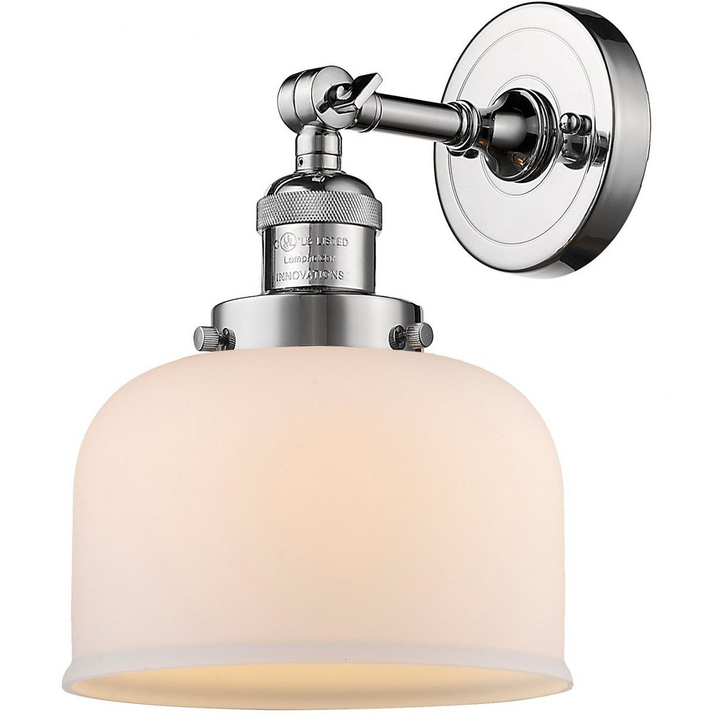 Innovations Lighting-203-PC-G71-Large Bell-1 Light Wall Sconce in Industrial Style-8 Inches Wide by 12 Inches High   Polished Chrome Finish with Matte White Cased Glass
