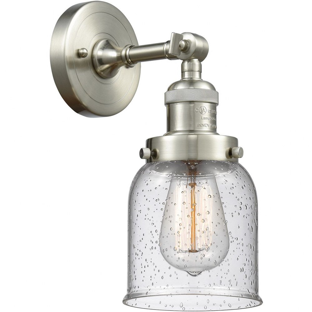 Innovations Lighting-203-SN-G54-Small Bell-One Light Wall Sconce-6.5 Inches Wide by 10 Inches High   Satin Brushed Nickel Finish with Seedy Glass