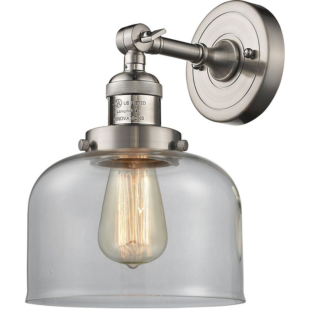 Innovations Lighting-203-SN-G72-Large Bell-1 Light Wall Sconce in Industrial Style-8 Inches Wide by 12 Inches High   Satin Nickel Finish with Clear Glass