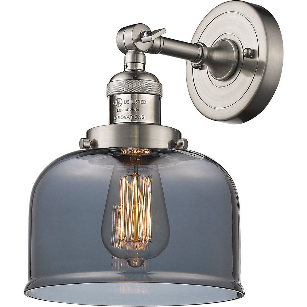 Innovations Lighting-203-SN-G73-Large Bell-1 Light Wall Sconce in Industrial Style-8 Inches Wide by 12 Inches High   Satin Nickel Finish with Smoked Glass