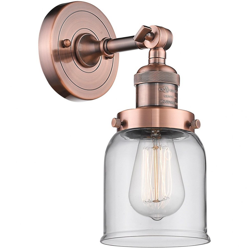 Innovations Lighting-203-AC-G52-Small Bell-1 Light Wall Sconce in Industrial Style-5 Inches Wide by 12 Inches High   Antique Copper Finish with Clear Glass