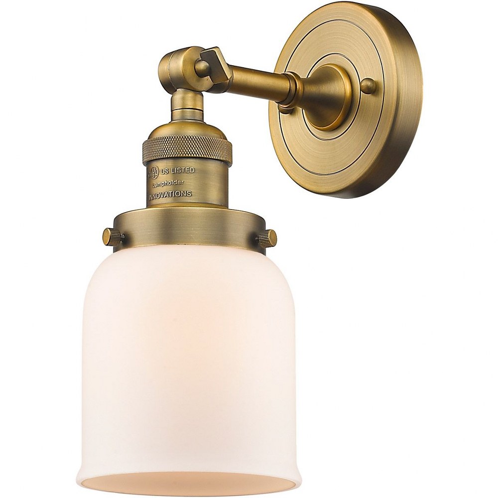 Innovations Lighting-203-BB-G51-Small Bell-1 Light Wall Sconce in Industrial Style-5 Inches Wide by 12 Inches High   Brushed Brass Finish with Matte White Cased Glass