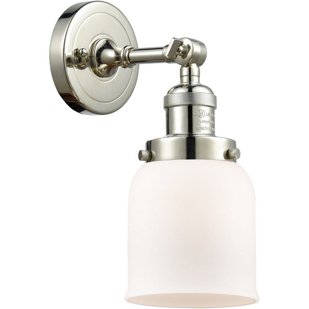 Innovations Lighting-203-PN-G51-Small Bell-1 Light Wall Sconce in Industrial Style-5 Inches Wide by 12 Inches High   Polished Nickel Finish with Matte White Cased Glass