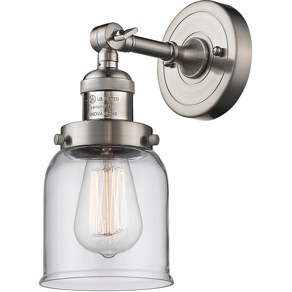 Innovations Lighting-203-SN-G52-Small Bell-1 Light Wall Sconce in Industrial Style-5 Inches Wide by 12 Inches High   Satin Nickel Finish with Clear Glass