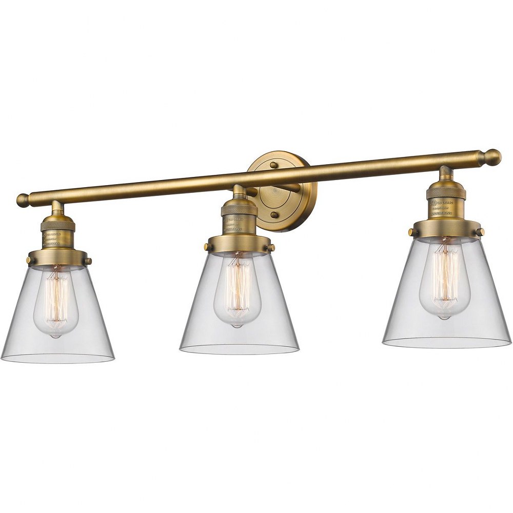 Innovations Lighting-205-BB-G62-Small Cone-3 Light Bath Vanity-30 Inches Wide by 11 Inches High   Brushed Brass Finish with Clear Glass