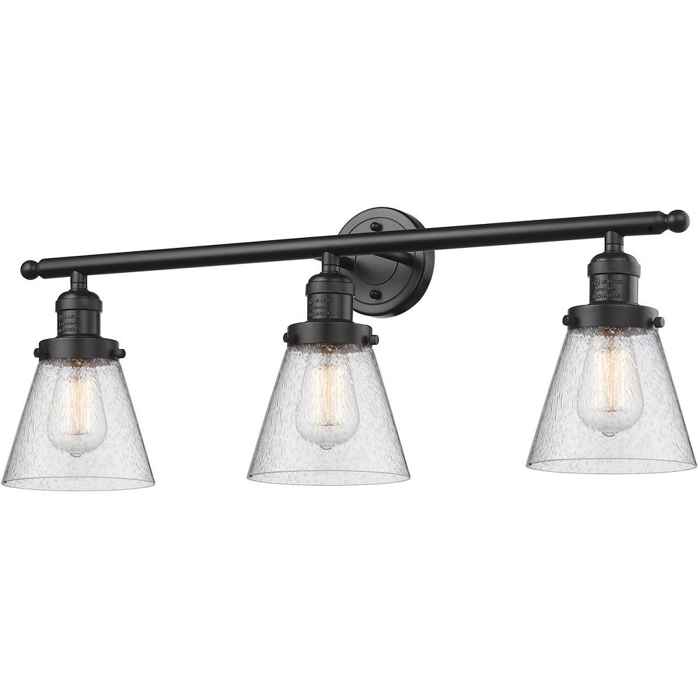 Innovations Lighting-205-OB-G64-Small Bell-Three Light Wall Bracket-30 Inches Wide by 11 Inches High   Oiled Rubbed Bronze Finish with Seedy Glass