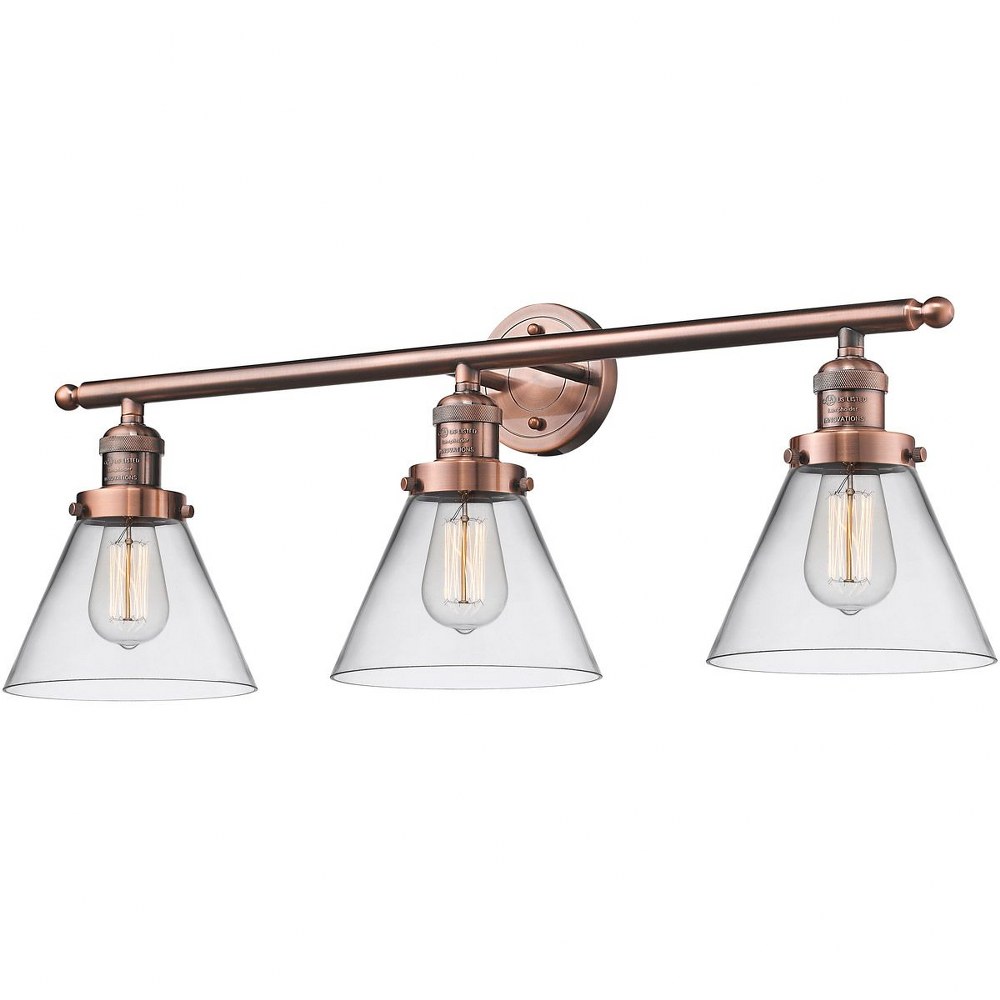 Innovations Lighting-205-AC-G42-Large Cone-3 Light Bath Vanity-32 Inches Wide by 11 Inches High   Antique Copper Finish with Clear Glass