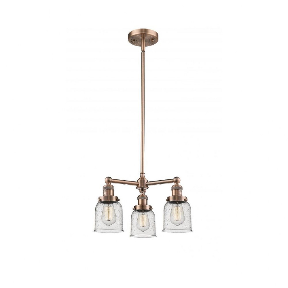Innovations Lighting-207-AC-G54-Small Bell-Three Light Adjustable Chandelier-19 Inches Wide by 11 Inches High   Antique Copper Finish with Seedy Glass