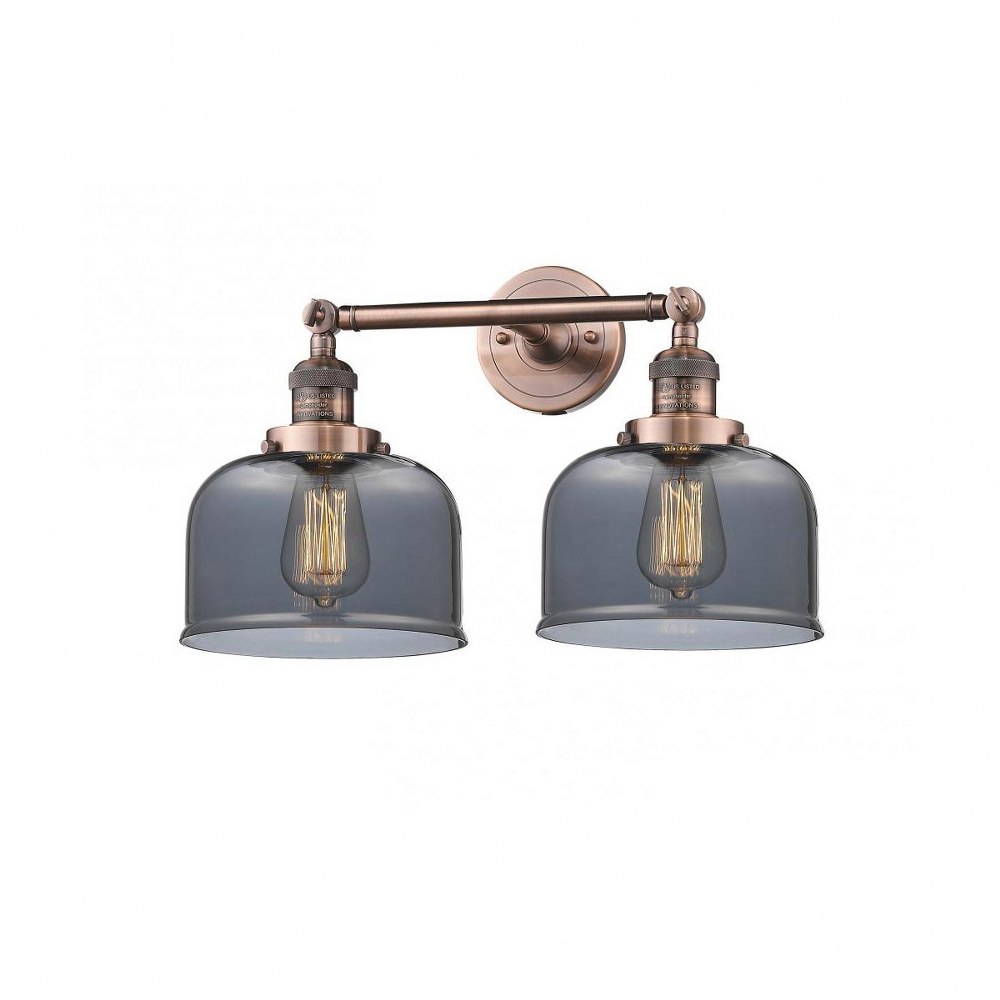 Innovations Lighting-208-AC-G73-Large Bell-2 Light Bath Vanity in Industrial Style-19 Inches Wide by 12 Inches High   Antique Copper Finish with Smoked Glass