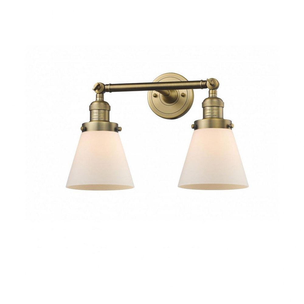 Innovations Lighting-208-BB-G61-Small Cone-2 Light Bath Vanity in Industrial Style-16 Inches Wide by 10 Inches High   Brushed Brass Finish with Matte White Cased Glass