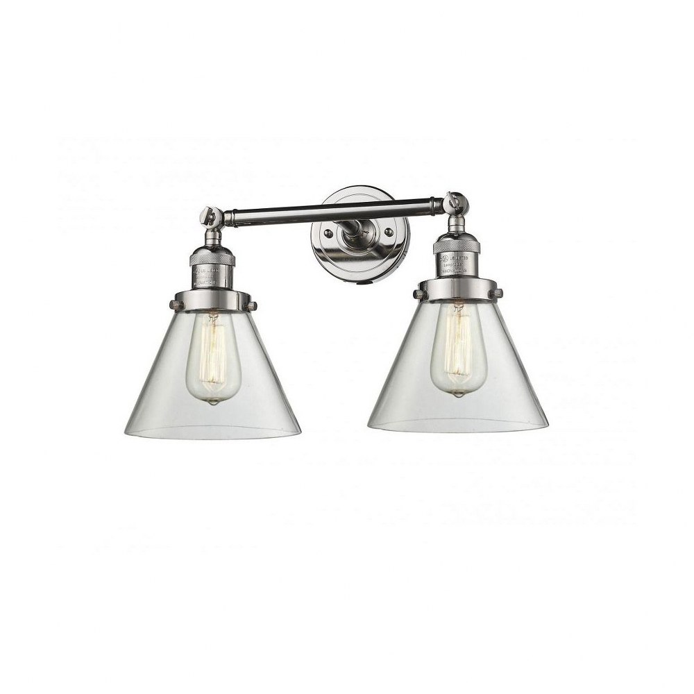 Innovations Lighting-208-PN-G42-Large Cone-2 Light Bath Vanity in Industrial Style-18 Inches Wide by 11 Inches High   Polished Nickel Finish with Clear Glass