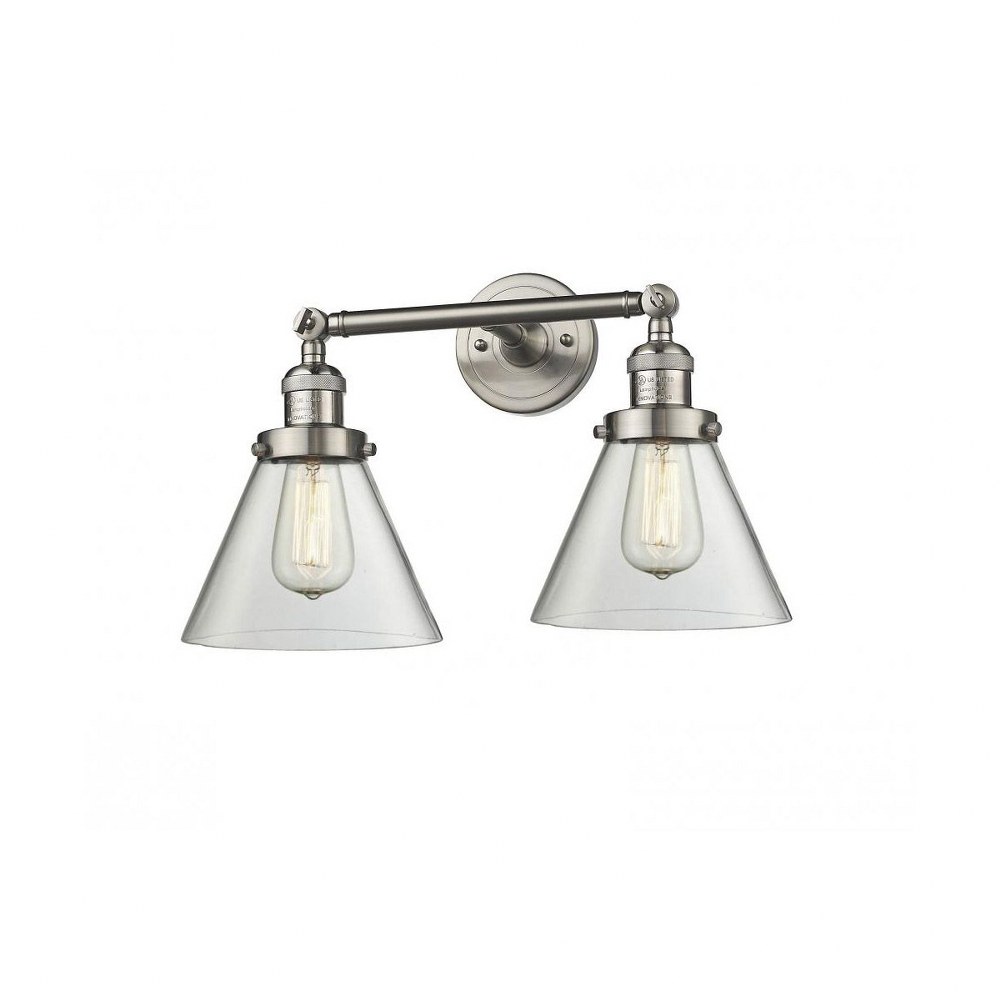 Innovations Lighting-208-SN-G42-Large Cone-2 Light Bath Vanity in Industrial Style-18 Inches Wide by 11 Inches High   Satin Nickel Finish with Clear Glass