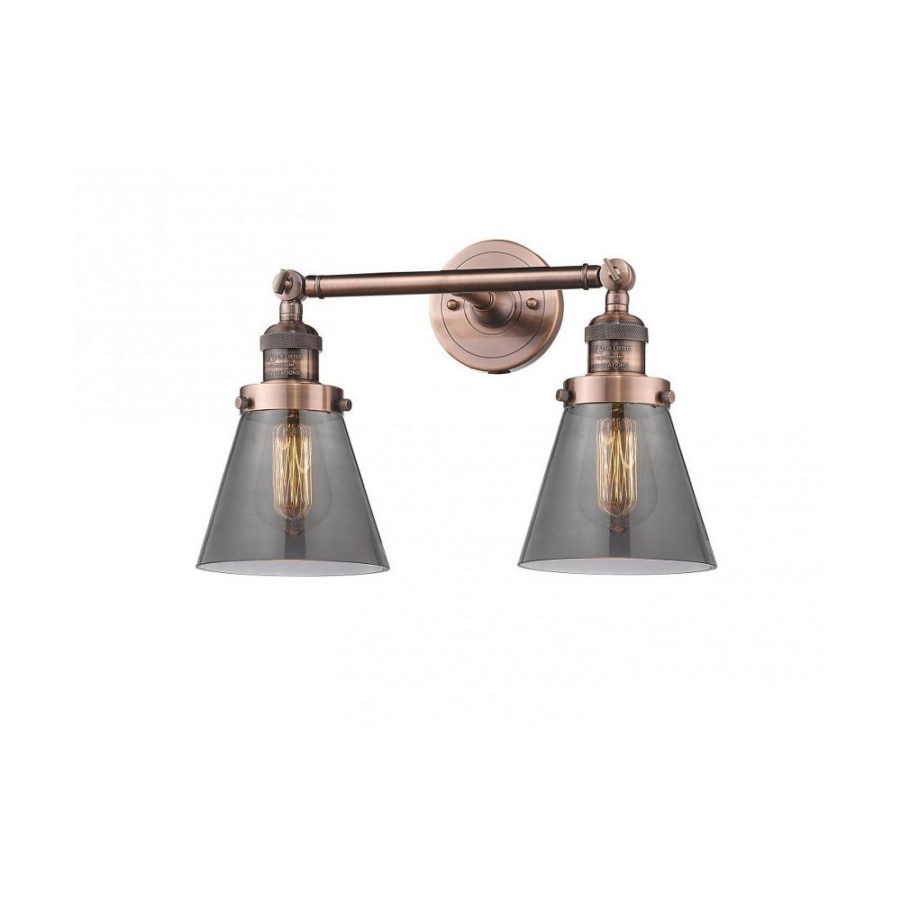 Innovations Lighting-208-AC-G63-Small Cone-2 Light Bath Vanity in Industrial Style-16 Inches Wide by 10 Inches High   Antique Copper Finish with Smoked Glass