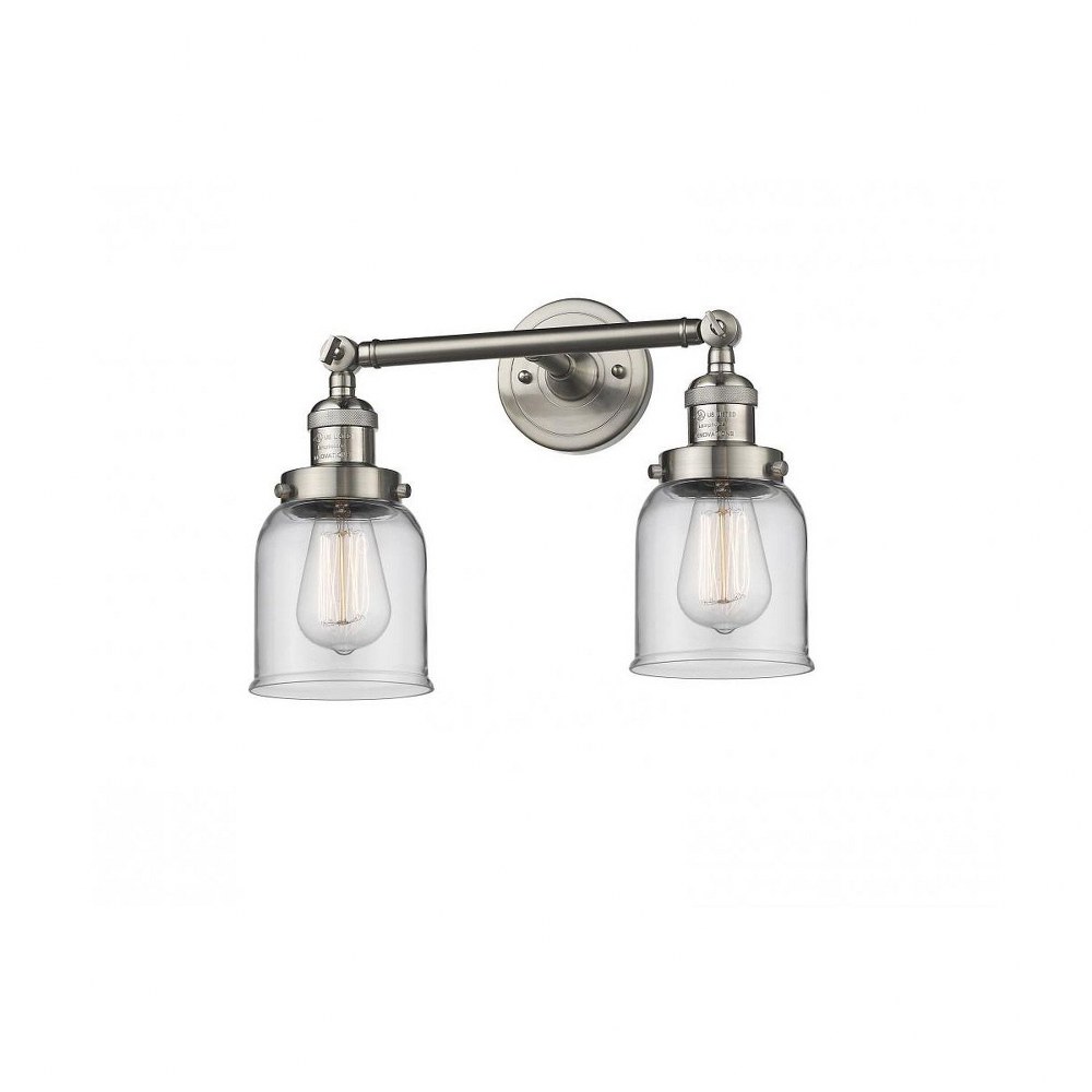 Innovations Lighting-208-SN-G52-Small Bell-2 Light Bath Vanity in Industrial Style-16 Inches Wide by 10 Inches High   Satin Nickel Finish with Clear Glass
